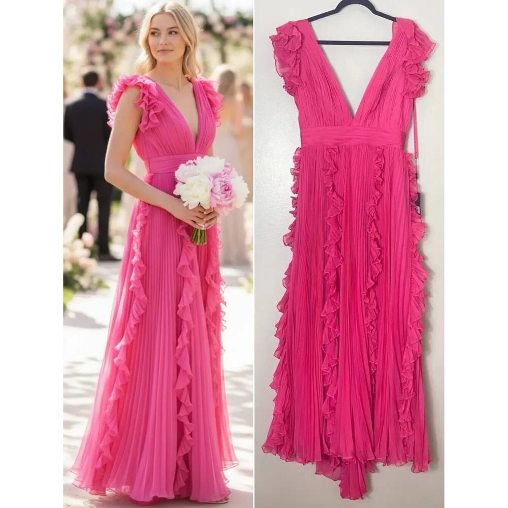Mac Duggal Pink Dress Wedding Guest Evening Formal Gown Ruffle Long Maxi